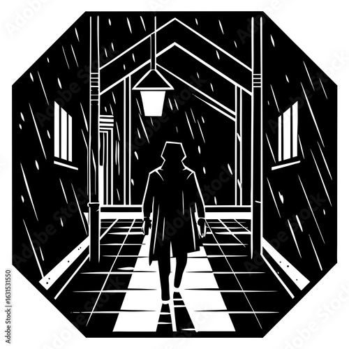 Black and white silhouette of lone figure walking in the rain through industrial tunnel, evoking solitude, mystery, and introspective mood.
