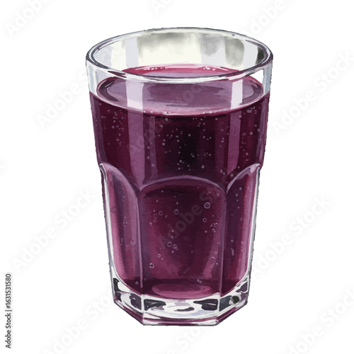 Refreshing glass of purple grape juice, perfect for a summer day, with effervescent bubbles and a watercolor-style illustration, isolated for design projects