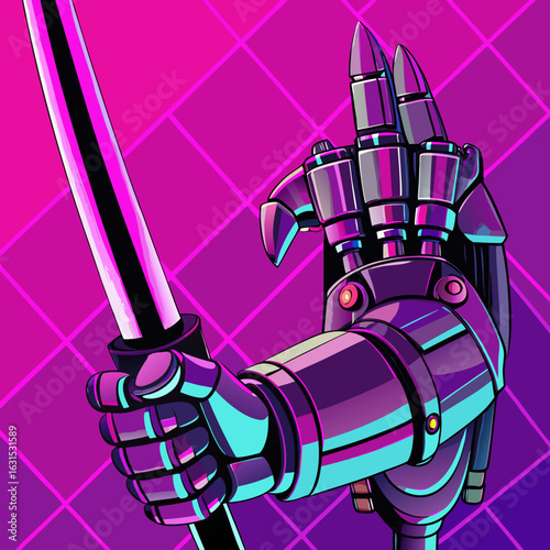 Futuristic robotic hand holding neon katana sword against bright magenta background with cyberpunk sci-fi theme and intense energy.
