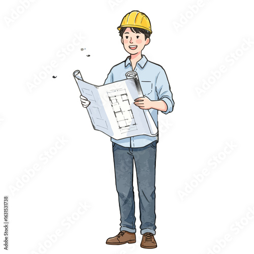 Cartoon engineer with yellow hard hat reviews blueprint for construction project ensuring accuracy and efficiency in planning
