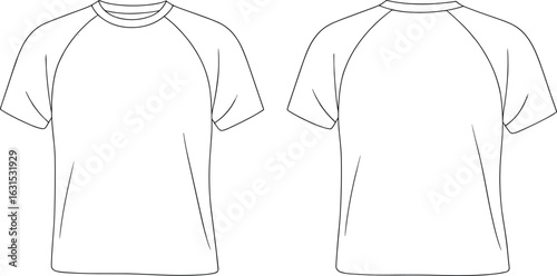 Front and back raglan sleeve t-shirt sketch, short sleeve casual wear, round neck fashion template, apparel line drawing, clothing mockup, isolated, vector illustration.