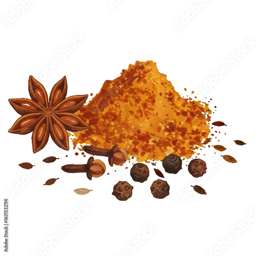 Spices Still Life Featuring Star Anise, Cloves, Black Peppercorns, and a Mound of Ground Spice in a Colorful Arrangement, Creating a Culinary Artwork