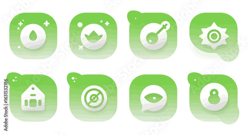 Modern green gradient UI icon set with glossy effects. Vector graphic design elements.