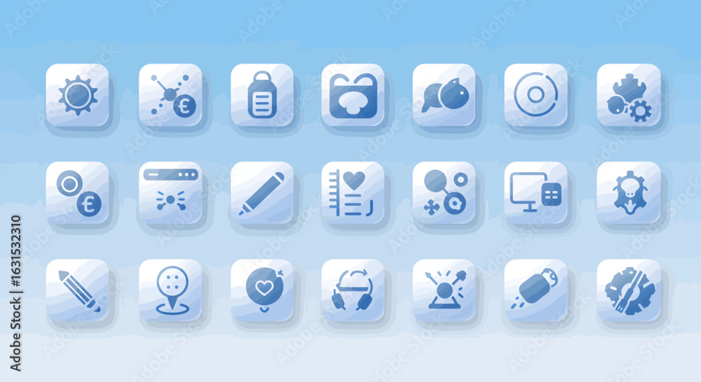 Modern blue UI UX icon set with soft neumorphic effects for web and mobile applications