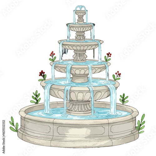 Elegant multi-tiered fountain illustration with flowing water and decorative plants for garden and landscape design projects