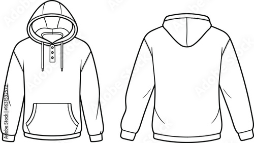 Hooded sweatshirt technical drawing, front and back view, fashion sketch, hood with drawstrings, buttoned placket, kangaroo pocket, plain back, garment blueprint, clothing design illustration.