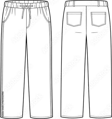 Pants technical drawing, front and back view, fashion sketch, elastic waistband, drawstring closure, side pockets, back pockets, straight leg, garment blueprint, clothing design illustration.