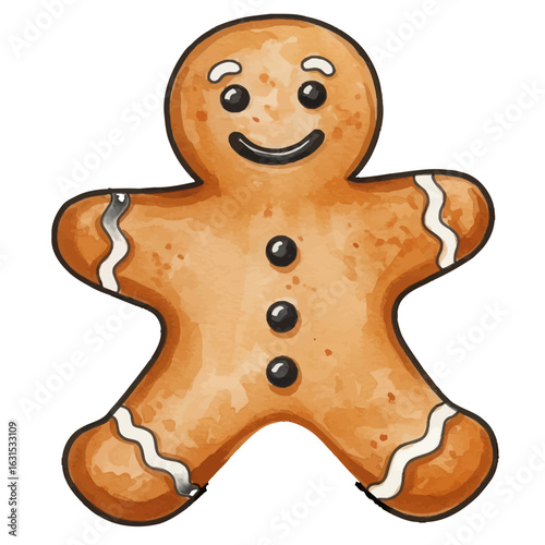 Cheerful gingerbread man illustration with decorative icing and watercolor effect, perfect for holiday season designs and festive projects