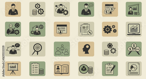 Vintage business management and human resources icon set. Retro graphic elements for corporate use.