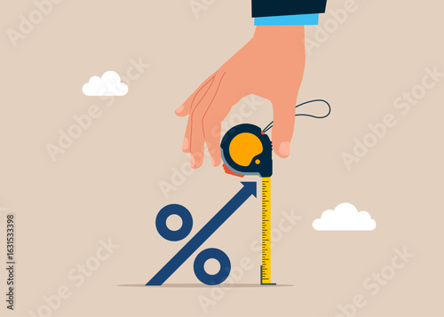 Hand using tape measure to measure the height of the percentage symbol. Growth in investment. Accuracy and measurement. Flat vector illustration.