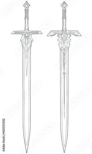 Ornate Fantasy Swords, Detailed Line Art Vector
