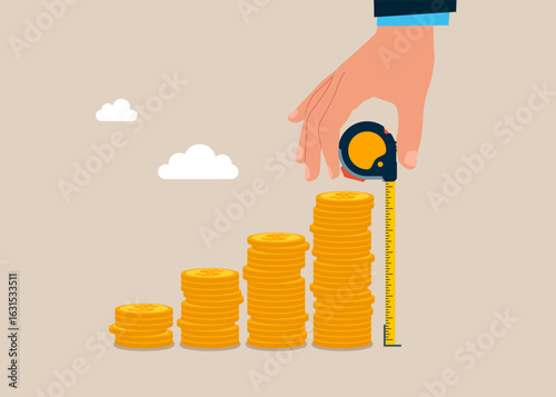 Hand businessman using measuring tape to measure money coins stack height. Growth in investment, financial operations, investment. Accuracy and measurement. Flat vector illustration