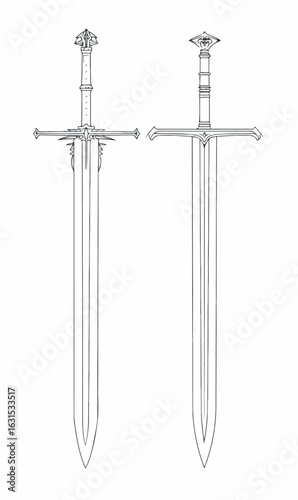 Ornate Fantasy Swords, Detailed Line Art Vector