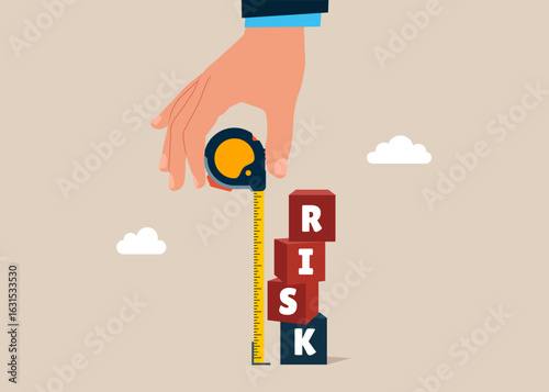 Businessman hold measure tape and measure cubic on stack with the word RISK. Risk management, control or assess to lose money in investing. Flat vector illustration