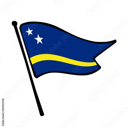 Flag of Curacao. Curacao flag vector illustration icon design in the hand-drawn style. Fluttering flagpole flag.