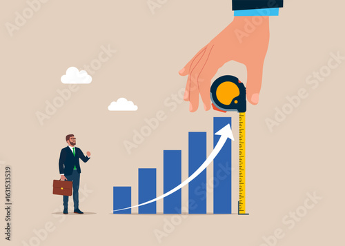 Hand using measuring tape to measure bar graph. Growth in investment, financial operations, investment. Accuracy and measurement. Flat vector illustration