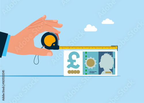 Hand hold measure tape and measures the length of the bill British pound banknote. Concept of investment, wealth, spending, inflation and loss of savings. Pound sterling. Flat vector illustration