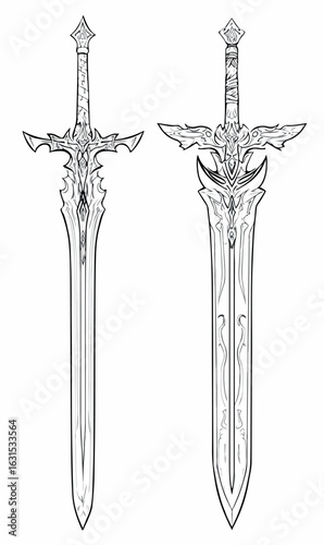 Ornate Fantasy Swords, Detailed Line Art Vector