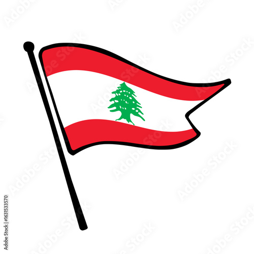 Flag of Lebanon. Lebanon flag vector illustration icon design in the hand-drawn style. Fluttering flagpole flag.