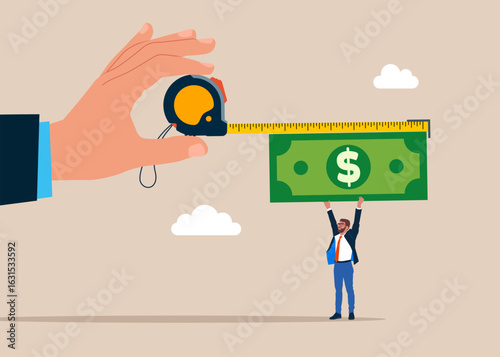 Hand hold measure tape and Business people hold dollar banknote. Concept of investment, wealth, spending, inflation and loss of savings. Money measured with a measure tape, financial operations.