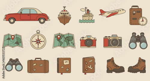Vintage travel icon set with retro car, plane, and adventure elements illustration