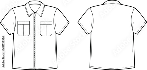 Short-sleeved shirt technical drawing, front and back view, fashion sketch, chest pockets, zipper closure, collar detail, apparel template, clothing design, garment construction illustration.