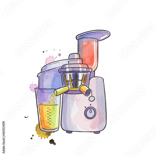 Watercolor illustration of a juicer extracting fresh juice into a glass, showcasing healthy eating and lifestyle with splash effects