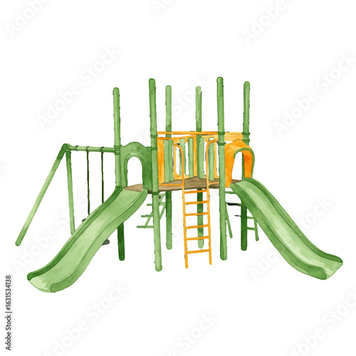 Watercolor Illustration of a Playground with Slides, Swings, and Ladders for Children's Play and Recreation