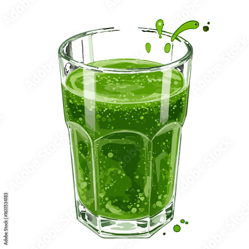 Refreshing green smoothie in a clear glass with splash effect, healthy drink illustration for well-being and vitality, ideal for nutrition concepts