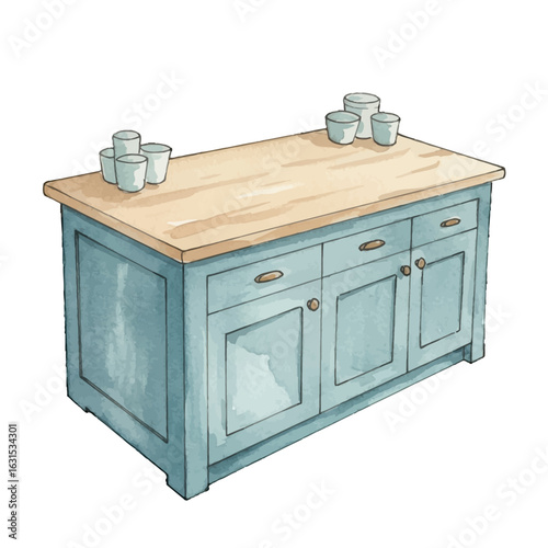 Watercolor illustration of a kitchen island with light blue cabinets and a wood countertop featuring cups and a rustic design aesthetic