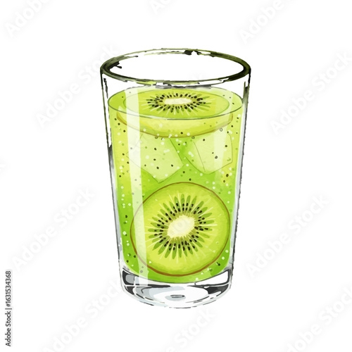 Refreshing kiwi drink in a glass with ice cubes and kiwi slices floating, creating a vibrant and healthy beverage concept for summertime enjoyment