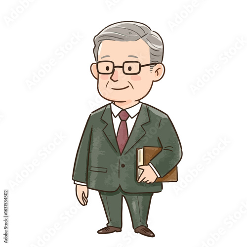 Cartoon illustration depicts a mature man in a suit holding a book, showcasing his intellectual and professional demeanor with a gentle smile and glasses.