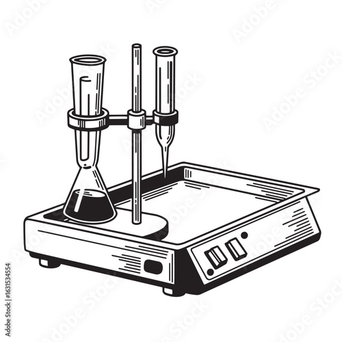 Illustration of a laboratory titration apparatus depicting chemistry and scientific experiments