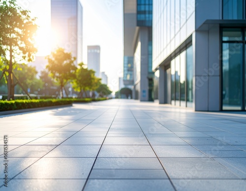 Modern city sidewalk with clean tiles and soft shadows