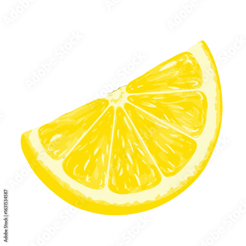 Vivid vector illustration showcasing a bright yellow lemon wedge, embodying freshness and citrusy zest with detailed segments and a clean, white background