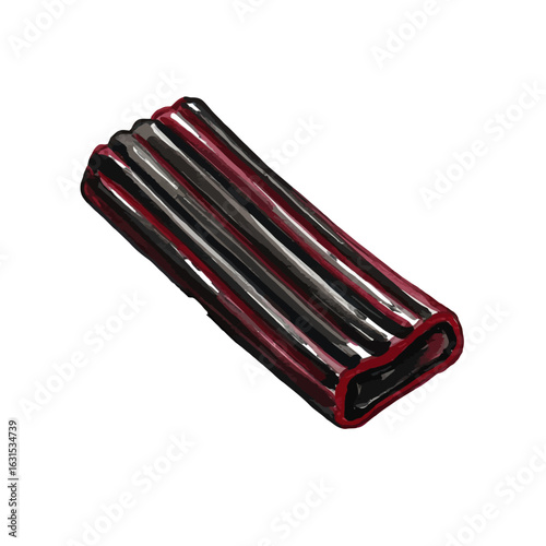 An artistic rendering of a piece of black and red licorice candy with multiple strands together, depicted with bold brushstrokes and vibrant colors, isolated on white.