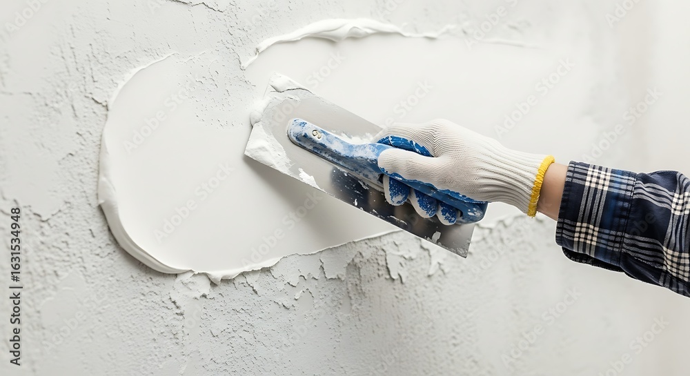 Applying Plaster to Wall with Trowel Hand in Glove Smoothing Compound ...