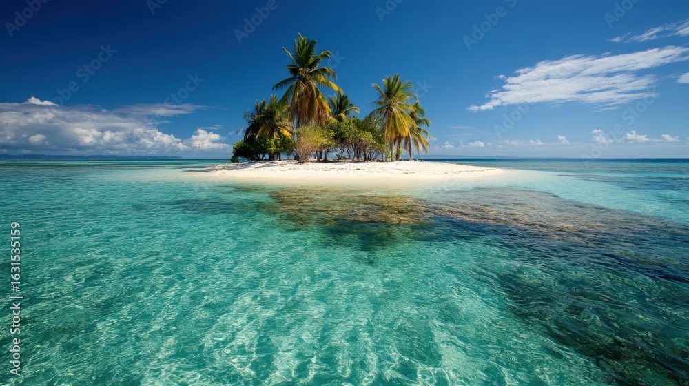 Fototapeta premium Bright Sunny Tropical Island with Palm Trees and Clear Blue Water