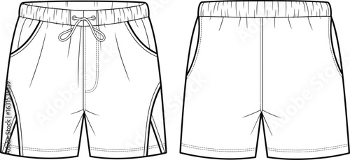 Shorts technical drawing, front and back view, fashion sketch, elastic waistband, drawstring detail, side pockets, garment blueprint, apparel template, clothing design illustration.