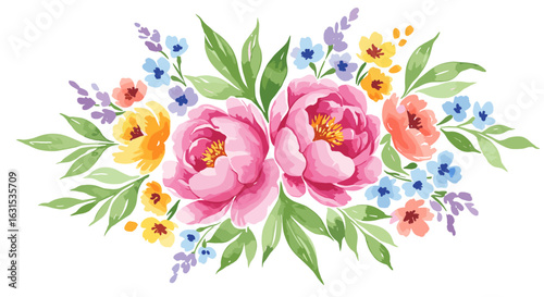 Watercolor floral arrangement featuring pink peonies, yellow blossoms, blue forget-me-nots and lush green leaves in soft hues