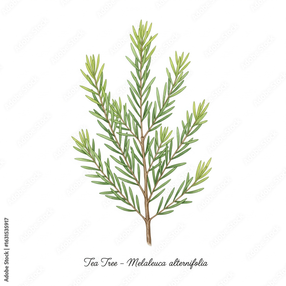 Fototapeta premium Tea Tree Botanical – Watercolor Medicinal Herb Art for Skincare Labels, Essential Oil Packaging, and Apothecary Decor 