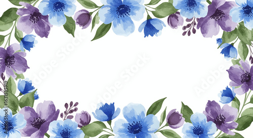 Watercolor floral frame with blue and purple flowers arrangement for invitations and greetings, elegant design and decoration