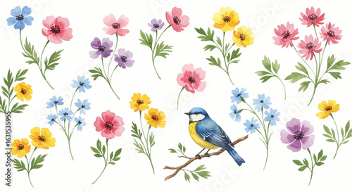 Watercolor painting of a blue tit bird perched on a branch surrounded by colorful flowers and green leaves in a nature scene