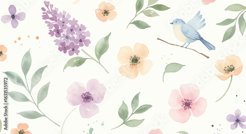 Elegant floral watercolor pattern featuring soft pastel flowers, delicate leaves, and a bluebird perched on a branch, creating a serene spring ambiance.