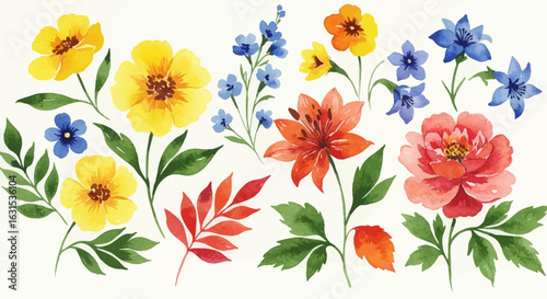 Watercolor floral arrangement featuring yellow, orange, and blue blooms with foliage, creating a vibrant botanical design element
