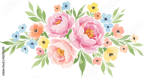 Watercolor floral arrangement featuring pink peonies, yellow and blue flowers with green leaves, isolated on a white background, delicate design