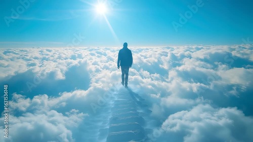 Walking on clouds in breathtaking sky paradise at sunrise