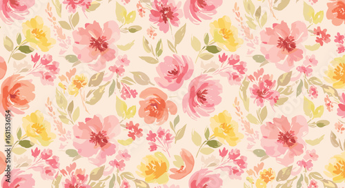 Delicate floral pattern featuring watercolor blooms in soft hues of pink, yellow, and peach on a light background