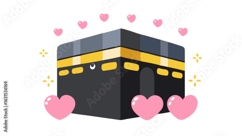 Kawaii kaaba mecca illustration for islamic pilgrimage hajj and umrah with hearts and sparkles art