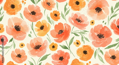 Watercolor floral pattern with orange and peach flowers and leaves, a botanical and spring season inspired design